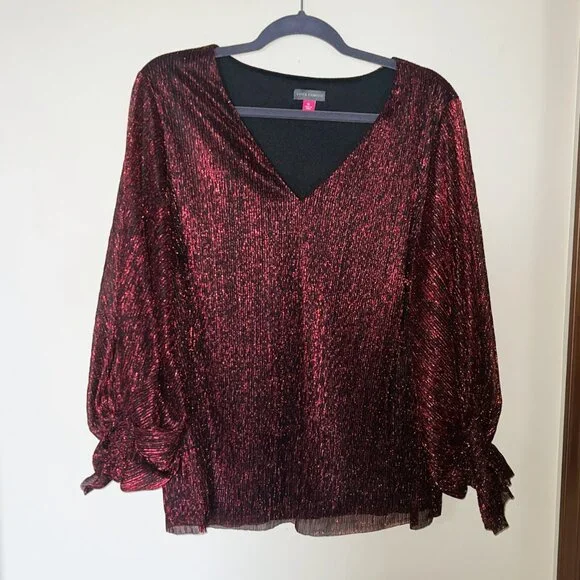 Vince Camuto Women's Metallic V-Neck Sheer-Sleeve Top, Wine Color Holiday - Picture 2 of 7